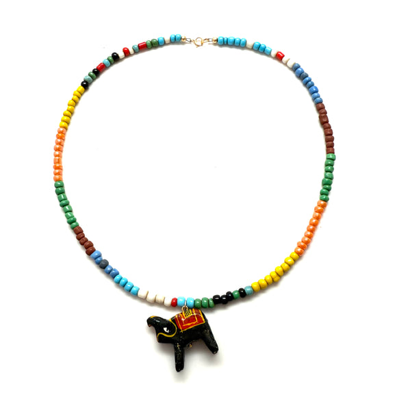 Vintage Hand-Carved Elephant Rainbow Seed Bead Necklace
