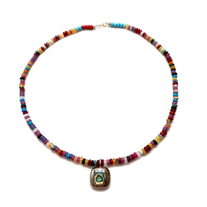 Antique Sterling Silver Abalone Pendant Necklace with Agate Beads