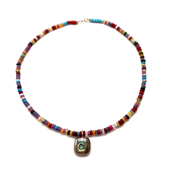 Antique Sterling Silver Abalone Pendant Necklace with Agate Beads