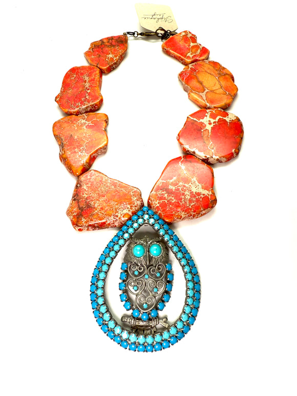 18” Antique Owl Statement Necklace – Turquoise Accents with Chunky Orange Jasper Beads