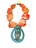 18” Antique Owl Statement Necklace – Turquoise Accents with Chunky Orange Jasper Beads
