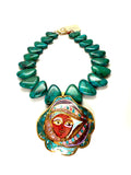 Adjustable 18–19” Chrysocolla Gemstone Necklace with Signed Duba Cloisonné Pendant (1978)