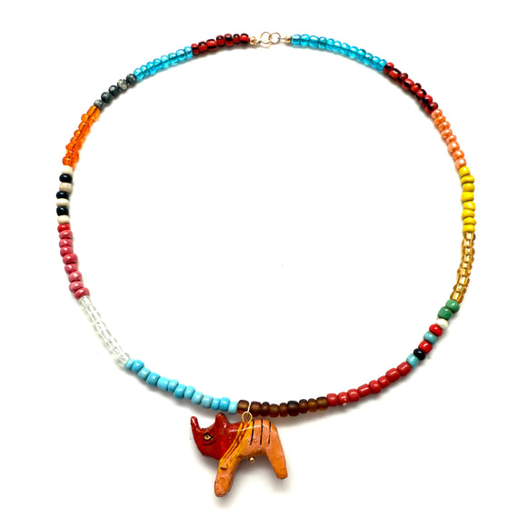 Vintage Hand-Carved Rhino Seed Bead Necklace