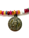 1930s Sacred Heart Devotional French Medal Necklace with Mixed Gemstones