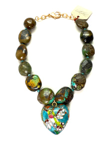 Adjustable Turquoise Jasper Necklace with Antique Cloisonné Heart Pendant – 18–19”