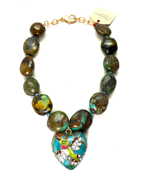 Adjustable Turquoise Jasper Necklace with Antique Cloisonné Heart Pendant – 18–19”