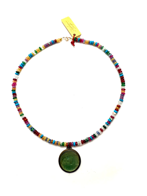 Antique Lisieux Pâte de Verre Medal Necklace with Mixed Gemstones