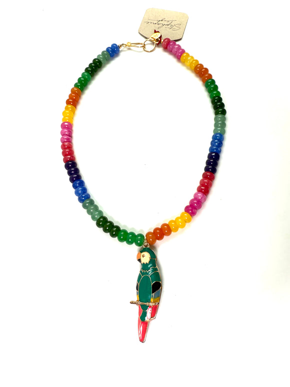 Vintage Cloisonné Parrot Pendant on Rainbow Gemstone Necklace – 17” with Gold Vermeil over Sterling Clasp ll