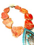 18” Antique Owl Statement Necklace – Turquoise Accents with Chunky Orange Jasper Beads