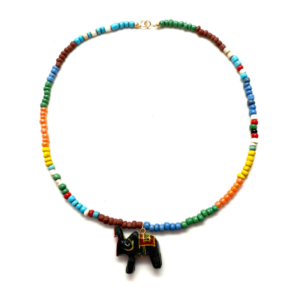 Vintage Hand-Carved Elephant Rainbow Seed Bead Necklace