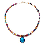 Vintage Blue Enamel Pope Paul VI Pendant Necklace with Agate Beads