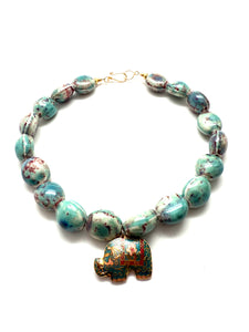 Teal Blossom Cloisonné Elephant Necklace