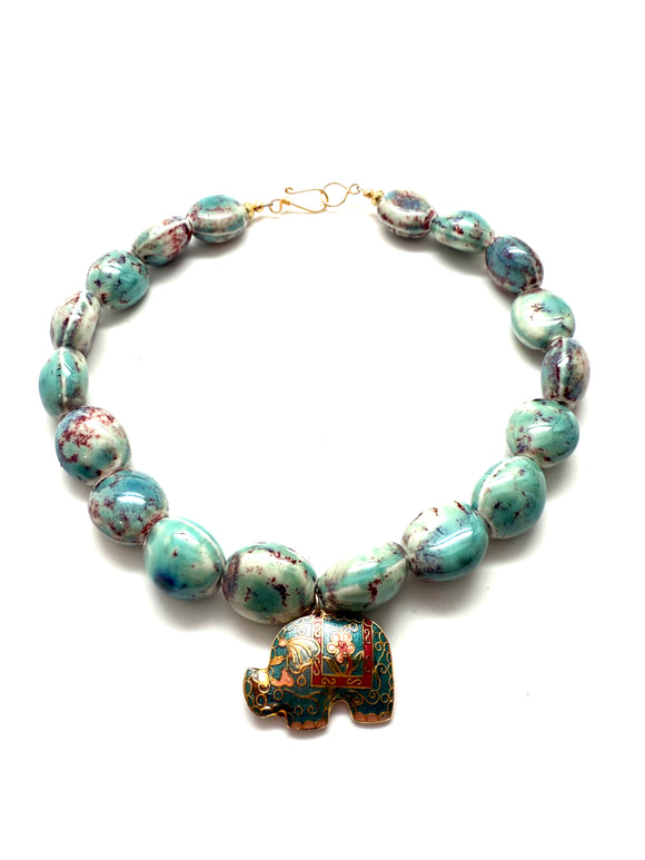 Teal Blossom Cloisonné Elephant Necklace