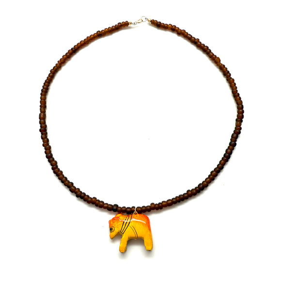 Vintage Hand-Carved Folk Art Elephant Seed Bead Necklace