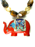 Adjustable 18–19” Statement Necklace with Antique Cloisonné Elephant, Ceramic Beads, Kukui Seeds, Citrine & Tiger’s Eye