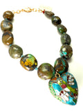Adjustable Turquoise Jasper Necklace with Antique Cloisonné Heart Pendant – 18–19”
