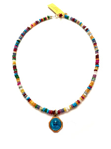 1930s French Pâte de Verre Devotional Medal Necklace on Mixed Gemstones