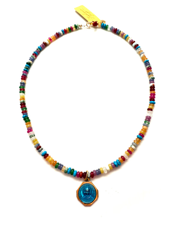 1930s French Pâte de Verre Devotional Medal Necklace on Mixed Gemstones