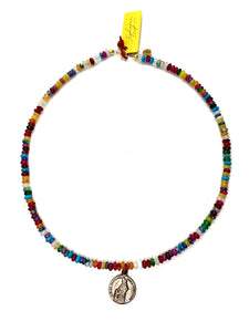 1930s Sacred Heart Devotional French Medal Necklace with Mixed Gemstones