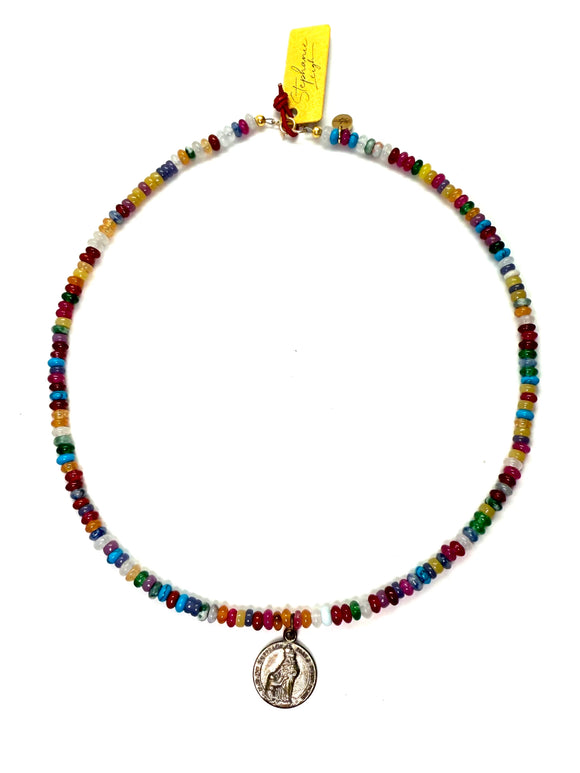 1930s Sacred Heart Devotional French Medal Necklace with Mixed Gemstones