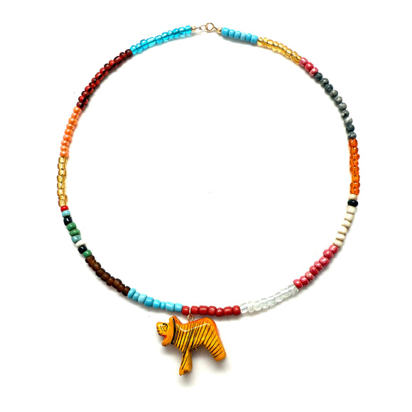 Vintage Hand-Carved Tiger Rainbow Seed Bead Necklace