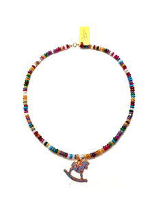Vintage Rocking Horse Pendant Necklace with Mixed Gemstones
