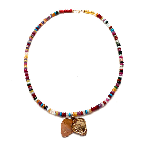 Antique Gold Vermeil Heart Pendant Necklace with Agate Beads