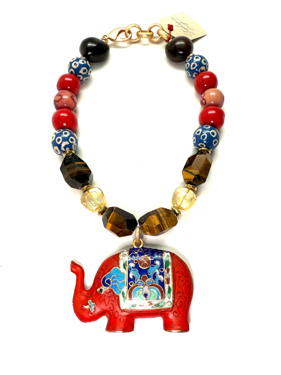 Adjustable 18–19” Statement Necklace with Antique Cloisonné Elephant, Ceramic Beads, Kukui Seeds, Citrine & Tiger’s Eye