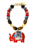 Adjustable 18–19” Statement Necklace with Antique Cloisonné Elephant, Ceramic Beads, Kukui Seeds, Citrine & Tiger’s Eye