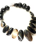 18” Banded Black Agate & Sterling Silver Necklace with Kukui Seeds Statement Piece