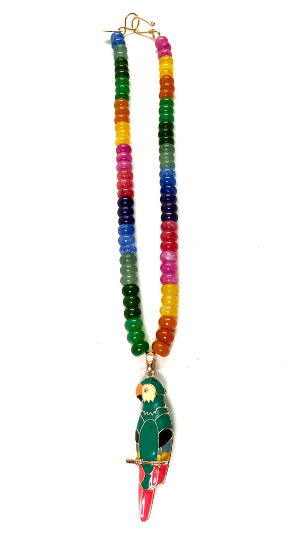 Vintage Cloisonné Parrot Pendant on Rainbow Gemstone Necklace – 17” with Gold Vermeil over Sterling Clasp