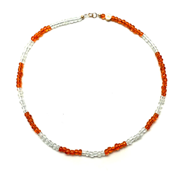 Antique African Glass Bead Choker Necklace - 15”  clear orange mix