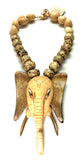 Adjustable 18–19” 1970s Razza Elephant Head Necklace – 5” Pendant with Handmade Ceramic Beads & Kukui Seeds