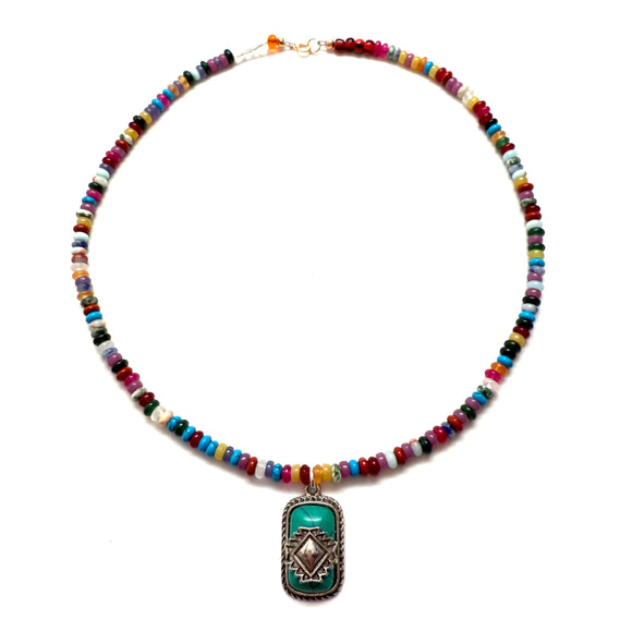 Antique Navajo Sterling Silver Turquoise Pendant Necklace with Agate Beads