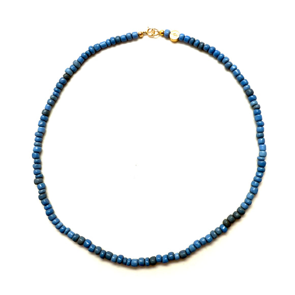 Antique African Glass Bead Choker Necklace - 15.5”  blue