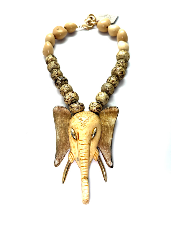 Adjustable 18–19” 1970s Razza Elephant Head Necklace – 5” Pendant with Handmade Ceramic Beads & Kukui Seeds