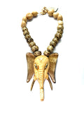 Adjustable 18–19” 1970s Razza Elephant Head Necklace – 5” Pendant with Handmade Ceramic Beads & Kukui Seeds