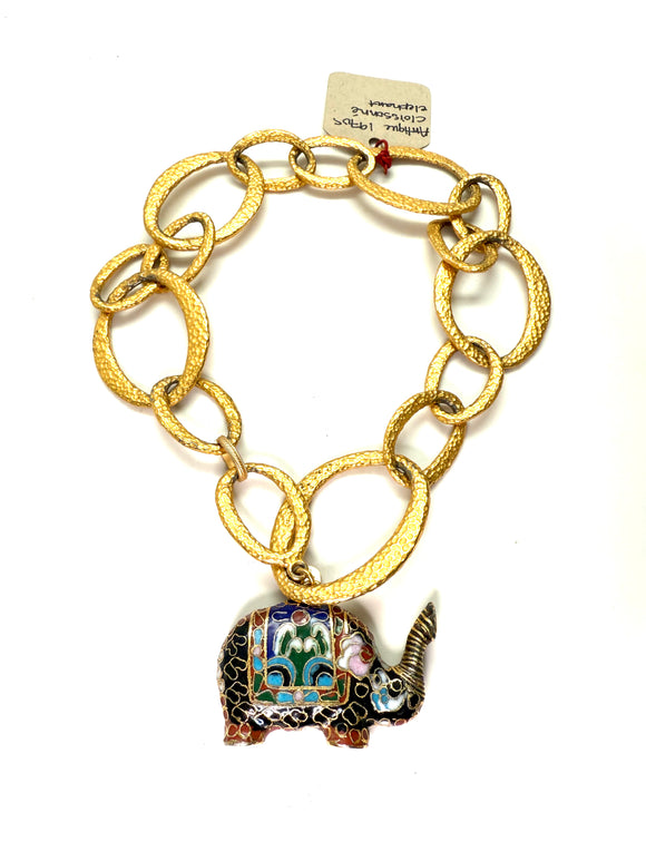 Antique Cloissone Elephant Pendant on Antique Brass Chain – 16” Lariat Choker
