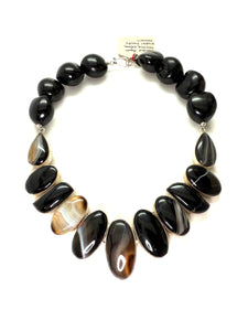 18” Banded Black Agate & Sterling Silver Necklace with Kukui Seeds Statement Piece