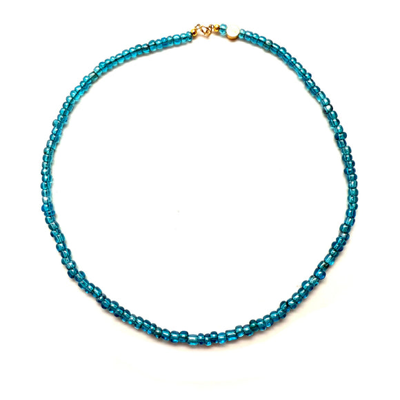 Antique African Glass Bead Choker Necklace - 16” clear blue