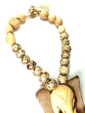 Adjustable 18–19” 1970s Razza Elephant Head Necklace – 5” Pendant with Handmade Ceramic Beads & Kukui Seeds