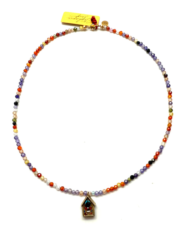 WWII-Era Antique Cloisonné Birdhouse Pendant Necklace with Swarovski Crystals