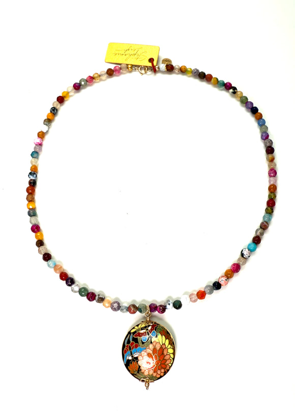 Antique Cloisonné Butterfly & Floral Pendant Necklace – 16” with Gold-Filled Clasp