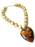 18” Antique Cloisonné Heart Necklace – Ceramic Beads, Faceted Hematite, Gold Vermeil over Sterling Clasp
