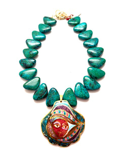 Adjustable 18–19” Chrysocolla Gemstone Necklace with Signed Duba Cloisonné Pendant (1978)