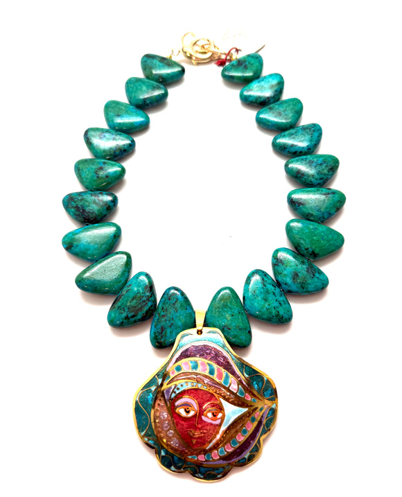 Adjustable 18–19” Chrysocolla Gemstone Necklace with Signed Duba Cloisonné Pendant (1978)
