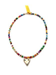 Antique Folk Art Ceramic Heart Pendant Necklace – 16” with Gold-Filled Clasp