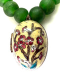 18” Recycled African Glass Necklace with Antique Cloisonné Enameled Egg Pendant