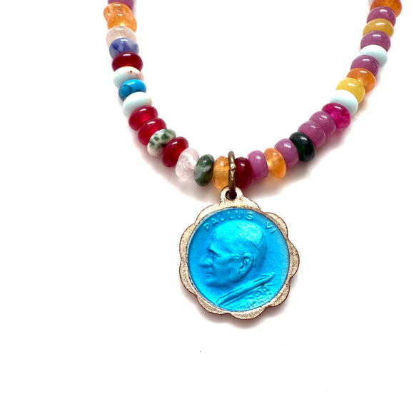 Vintage Blue Enamel Pope Paul VI Pendant Necklace with Agate Beads