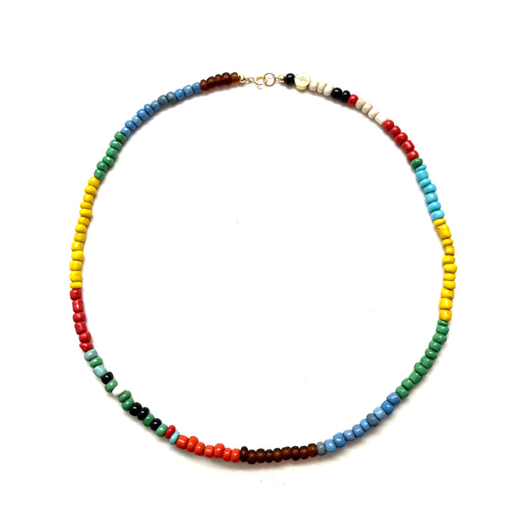 Antique African Glass Bead Choker Necklace - 16” fiesta mix